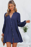 LC2552553-5-S, LC2552553-5-M, LC2552553-5-L, LC2552553-5-XL, LC2552553-5-2XL, Blue Womens Long Sleeve Oversized Blouses Tops Button Up Bishop Sleeve Shirt