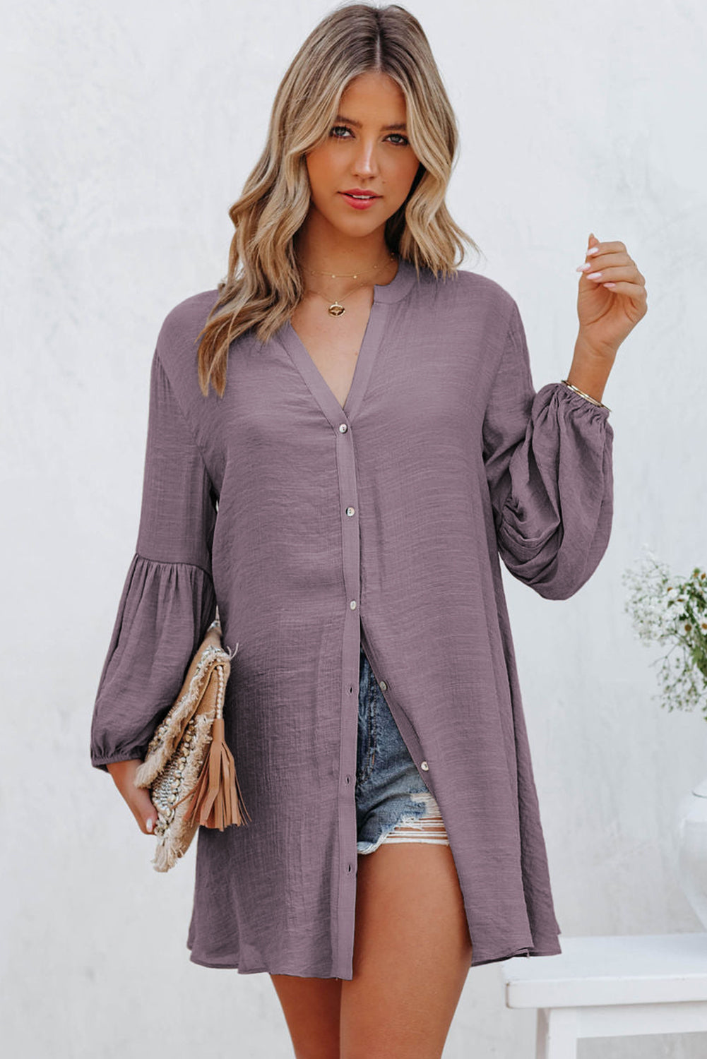 LC2552553-8-S, LC2552553-8-M, LC2552553-8-L, LC2552553-8-XL, LC2552553-8-2XL, Purple Womens Long Sleeve Oversized Blouses Tops Button Up Bishop Sleeve Shirt