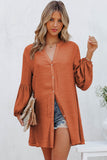 LC2552553-14-S, LC2552553-14-M, LC2552553-14-L, LC2552553-14-XL, LC2552553-14-2XL, Orange Womens Long Sleeve Oversized Blouses Tops Button Up Bishop Sleeve Shirt