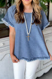 Womens Long Sleeve Crew Neck Denim Top Distressed Denim Raw Edge T Shirt