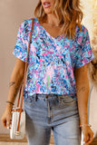 LC25219625-4-S, LC25219625-4-M, LC25219625-4-L, LC25219625-4-XL, Sky Blue Women's Casual Loose Short Sleeve Tee Painted Floral Blouse Shirt