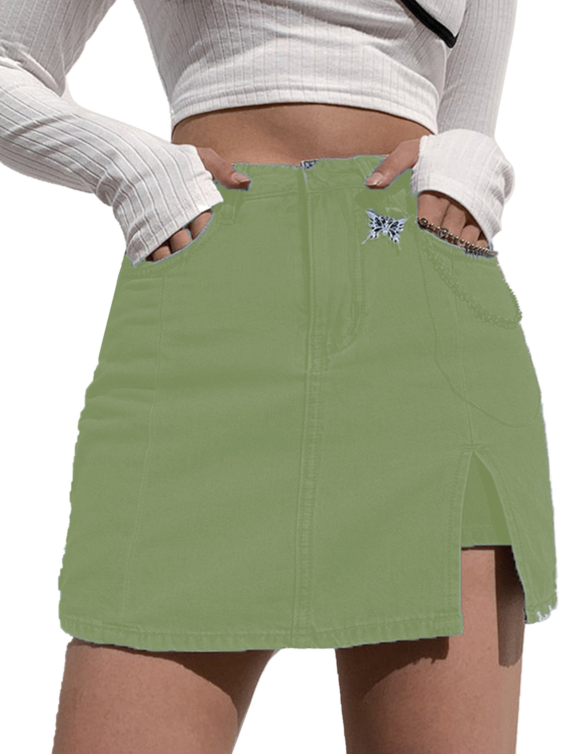 LC7811027-9-S, LC7811027-9-M, LC7811027-9-L, LC7811027-9-XL, LC7811027-9-2XL, Laurel Green Women's Casual Denim Skirt High Waist Casual Mini Skirts