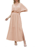 LC6114159-15-S, LC6114159-15-M, LC6114159-15-L, LC6114159-15-XL, Beige Womens Boho V Neck Maxi Dress with High Slit