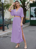 LC6114159-408-S, LC6114159-408-M, LC6114159-408-L, LC6114159-408-XL, Lavender Purple Womens Boho V Neck Maxi Dress with High Slit