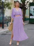 LC6114159-408-S, LC6114159-408-M, LC6114159-408-L, LC6114159-408-XL, Lavender Purple Womens Boho V Neck Maxi Dress with High Slit