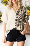 LC2553292-16-S, LC2553292-16-M, LC2553292-16-L, LC2553292-16-XL, Khaki Women's V Neck Sleeveless Blouses Contrast Leopard Color Block Shirt Tops