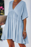 LC223667-4-S, LC223667-4-M, LC223667-4-L, LC223667-4-XL, Sky Blue Womens Kimono Sleeve V-neck Babydoll Tiered Mini Dress