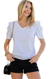 LC25219590-1-S, LC25219590-1-M, LC25219590-1-L, LC25219590-1-XL, White Women's Summer Casual Shirts Puff Sleeve V Neck T-Shirt