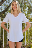 LC25219590-1-S, LC25219590-1-M, LC25219590-1-L, LC25219590-1-XL, White Women's Summer Casual Shirts Puff Sleeve V Neck T-Shirt