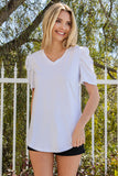 LC25219590-1-S, LC25219590-1-M, LC25219590-1-L, LC25219590-1-XL, White Women's Summer Casual Shirts Puff Sleeve V Neck T-Shirt