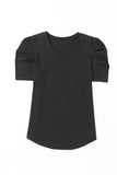 LC25219590-2-S, LC25219590-2-M, LC25219590-2-L, LC25219590-2-XL, Black Women's Summer Casual Shirts Puff Sleeve V Neck T-Shirt