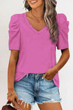 LC25219590-6-S, LC25219590-6-M, LC25219590-6-L, LC25219590-6-XL, Rose Women's Summer Casual Shirts Puff Sleeve V Neck T-Shirt