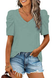 LC25219590-9-S, LC25219590-9-M, LC25219590-9-L, LC25219590-9-XL, Green Women's Summer Casual Shirts Puff Sleeve V Neck T-Shirt