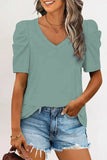 LC25219590-9-S, LC25219590-9-M, LC25219590-9-L, LC25219590-9-XL, Green Women's Summer Casual Shirts Puff Sleeve V Neck T-Shirt