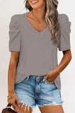 LC25219590-11-S, LC25219590-11-M, LC25219590-11-L, LC25219590-11-XL, Gray Women's Summer Casual Shirts Puff Sleeve V Neck T-Shirt