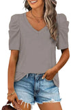LC25219590-11-S, LC25219590-11-M, LC25219590-11-L, LC25219590-11-XL, Gray Women's Summer Casual Shirts Puff Sleeve V Neck T-Shirt