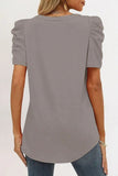 LC25219590-11-S, LC25219590-11-M, LC25219590-11-L, LC25219590-11-XL, Gray Women's Summer Casual Shirts Puff Sleeve V Neck T-Shirt