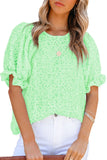 LC25114337-109-S, LC25114337-109-M, LC25114337-109-L, LC25114337-109-XL, LC25114337-109-2XL, Green Women's Puff Sleeve T-Shirts Casual Floral Smocked Blouse