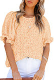 LC25114337-1014-S, LC25114337-1014-M, LC25114337-1014-L, LC25114337-1014-XL, LC25114337-1014-2XL, Orange Women's Puff Sleeve T-Shirts Casual Floral Smocked Blouse