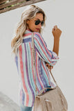 Striped Long Sleeve Top Button Down Shirt For Women