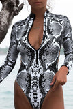 Womens Rash Guard Animal Print Zipper Cut Out Swimsuit