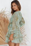 Deep V Neck Lantern Sleeve Knotted Tiered Mini Dress