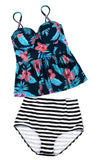 2pcs maillot de bain tankini rose à volants imprimé feuille verte