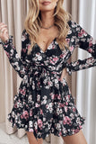 Wrap V Neck Floral Print Ruffle A Line Beach Dress Long Sleeve Wrap Mini Dress