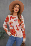 Women's Pink Floral Pattern Drop Shoulder Crew Neck Sweater