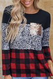 Plaid Splicing Sequin Pocket Long Sleeve Top