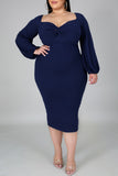 Women's Long Sleeve V Neck Midi Dress Front Knot Plus Size Bodycon Dresses