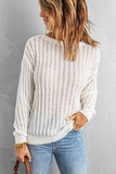 Womens White Pullover Top Hollow Out Drop Shoulder Knitted Sweater