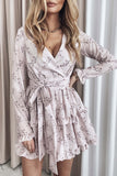 Wrap V Neck Floral Print Ruffle A Line Beach Dress Long Sleeve Wrap Mini Dress