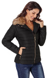 LC85117-2XXL, LC85117-2XL, LC85117-2L, LC85117-2M, LC85117-2S, Winter Coats for Women Camel Faux Fur Collar Trim Black Quilted Jacket Outerwear