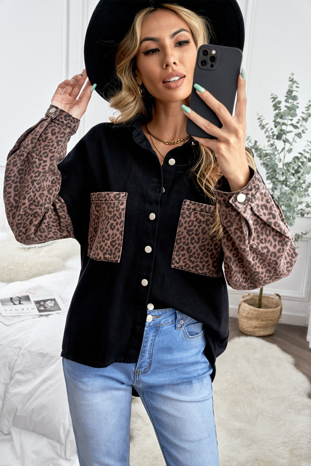 Vestes en jean contrastées léopard pour femmes Blouses surdimensionnées pour petit ami Tops