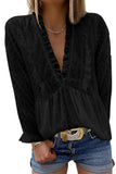 Swiss Dot Long Deep V Neck Pleated Sleeve Top