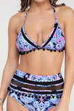 Womens High Waist Two Pieces Bikini Set Halter Striped Tassel Trim Swimsuit