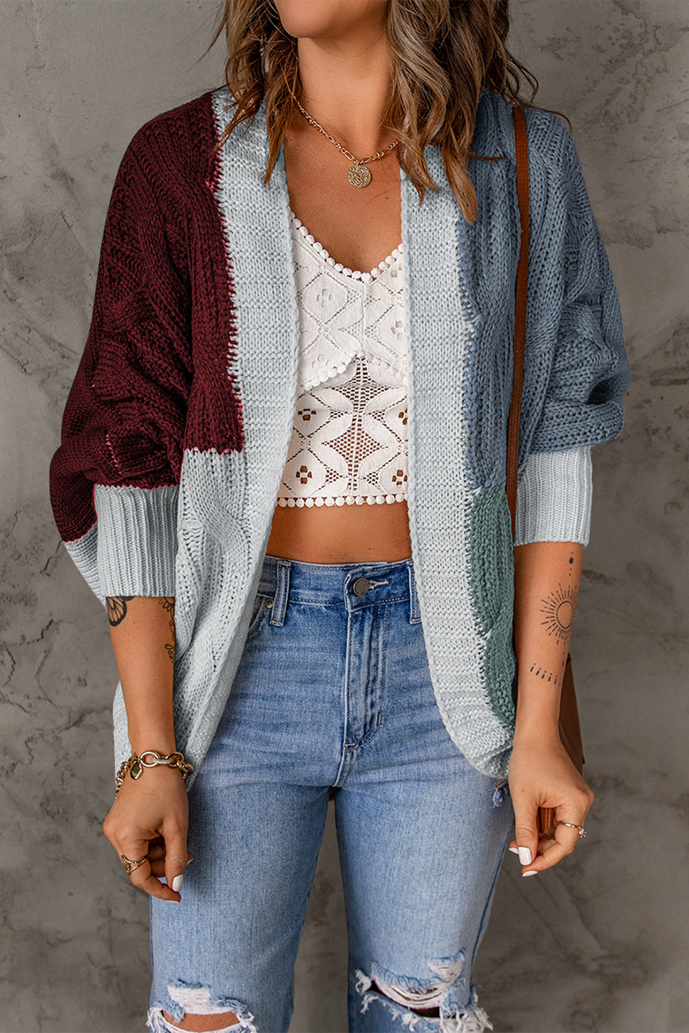 Cardigan pull Dolman tricoté ample à blocs de couleurs pour femmes