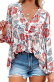 Split Neck Bubble Sleeve Floral Pacthwork Blouse