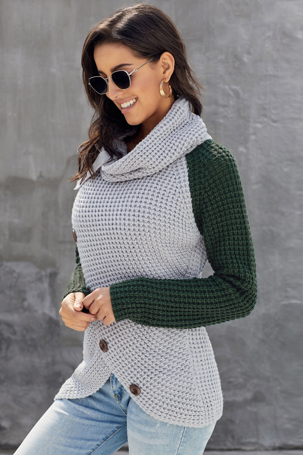 Womoen's Button Turtle Cowl Neck Jumper Tops Asymetric Hem Wrap Pullover Pull
