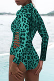 Womens Rash Guard Animal Print Zipper Cut Out Swimsuit
