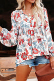 Split Neck Bubble Sleeve Floral Pacthwork Blouse