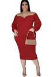 Women's Long Sleeve V Neck Midi Dress Front Knot Plus Size Bodycon Dresses