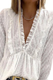 Swiss Dot Long Deep V Neck Pleated Sleeve Top