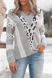 Women's Animal Print Knitted Pullover V Neck Sweater