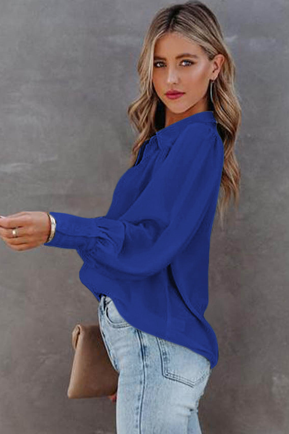 Solid Color Button Up Puff Sleeve Blouse