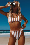 Athletic Striped High Waisted Bathing Suits For Women