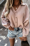 Solid Color Button Crinkled V Neck Shirt