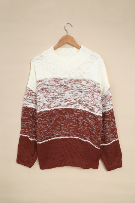 Women's Colorblock High Neck Sweater Casual Loose Knitted Pullover Sweater Tops