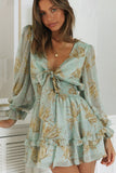 Deep V Neck Lantern Sleeve Knotted Tiered Mini Dress